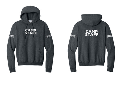 NYC Factory Camp Staff Cotton Fleece Pullover Hoodie (Rustic) - Front + Back + Camp Staff Sleeves - Dark Heather Grey