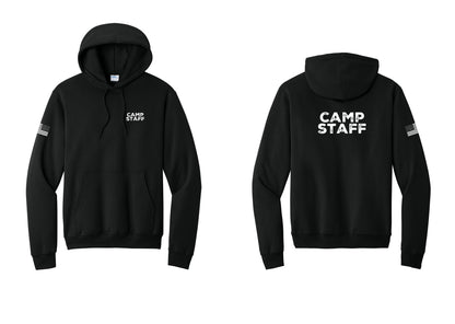 NYC Factory Camp Staff Cotton Fleece Pullover Hoodie (Rustic) - Chest + Back + US Flag Sleeve - Black