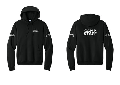 NYC Factory Camp Staff Cotton Fleece Pullover Hoodie (Rustic) - Chest + Back + Camp Staff Sleeves - Black