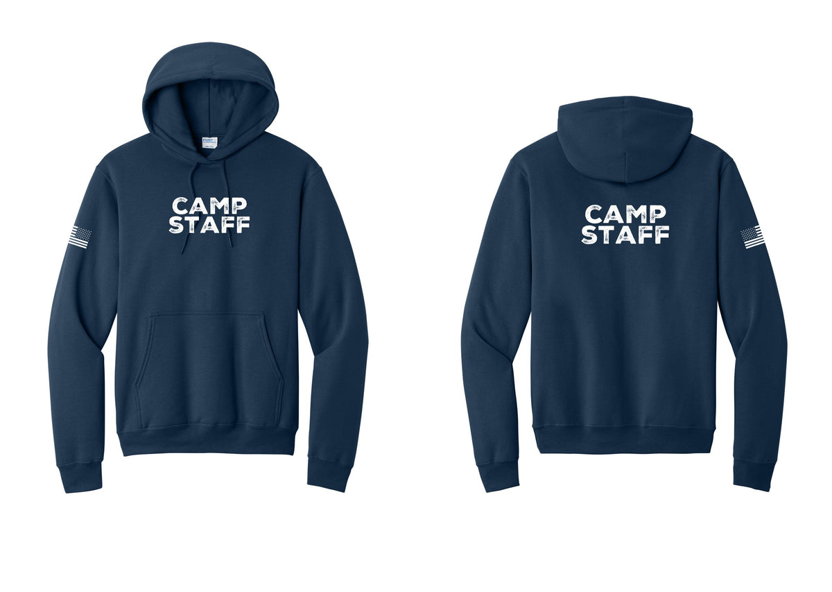 NYC Factory Camp Staff Cotton Fleece Pullover Hoodie (Rustic) - Front + Back + US Flag Sleeve - Navy