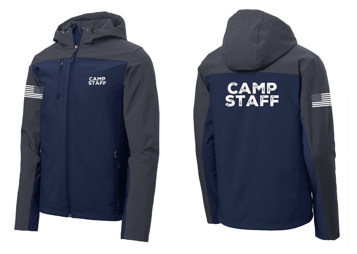NYC Factory Camp Staff Hooded Soft Shell Jacket (Rustic) - Chest + Back + US Flag Sleeve - Dress Blue Navy / Battleship Grey
