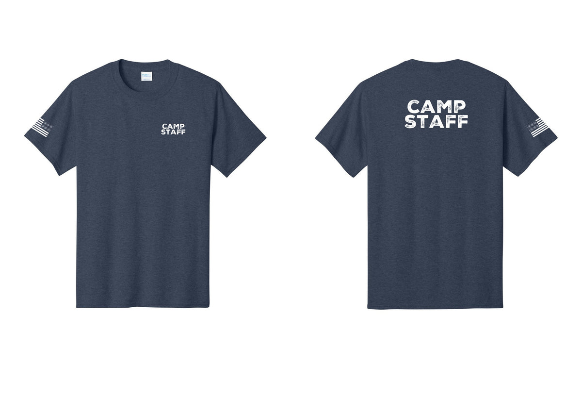 NYC Factory Unisex Camp Staff Charcoal T-Shirt - Chest + Back + US Flag Sleeve - Heather Navy