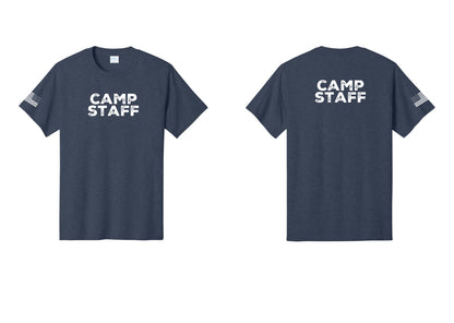 NYC Factory Camp Staff T-Shirt - Front + Back + US Flag Sleeve - Heather Navy