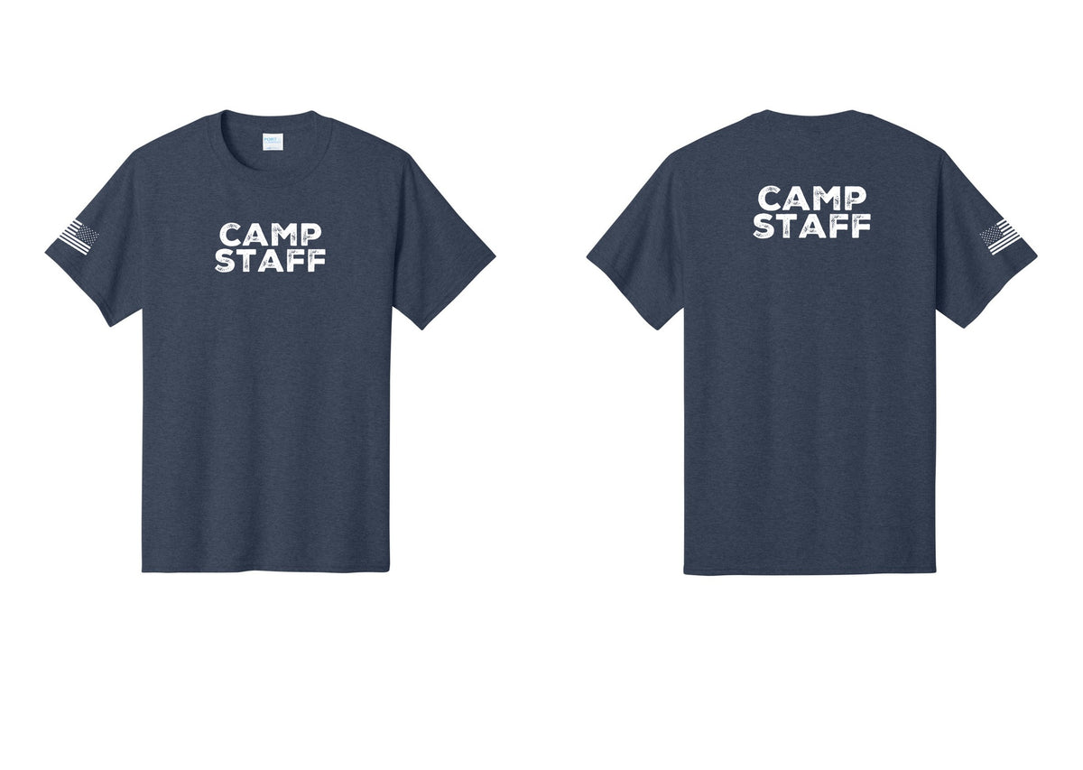NYC Factory Unisex Camp Staff Charcoal T-Shirt - Front + Back + US Flag Sleeve - Heather Navy