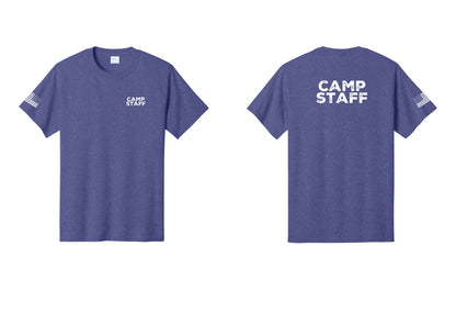 NYC Factory Camp Staff T-Shirt - Chest + Back + US Flag Sleeve - Heather Purple