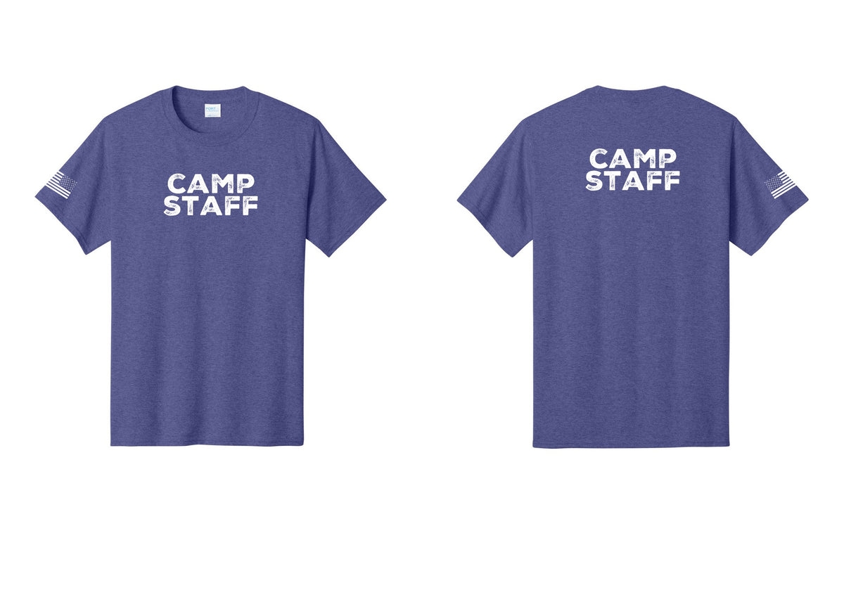 NYC Factory Camp Staff T-Shirt - Front + Back + US Flag Sleeve - Heather Purple