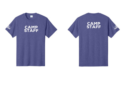 NYC Factory Camp Staff T-Shirt - Front + Back + US Flag Sleeve - Heather Purple