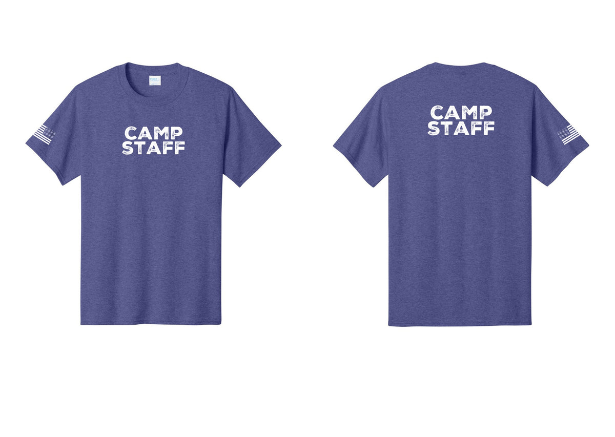 NYC Factory Unisex Camp Staff Charcoal T-Shirt - Front + Back + US Flag Sleeve - Heather Purple