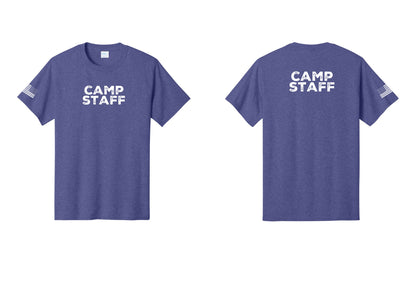NYC Factory Unisex Camp Staff Charcoal T-Shirt - Front + Back + US Flag Sleeve - Heather Purple