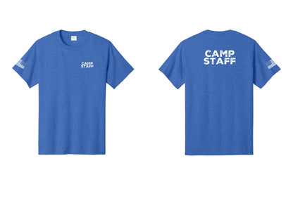 NYC Factory Unisex Camp Staff Charcoal T-Shirt - Chest + Back + US Flag Sleeve - Heather Royal
