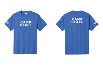 NYC Factory Camp Staff T-Shirt - Front + Back + US Flag Sleeve - Heather Royal
