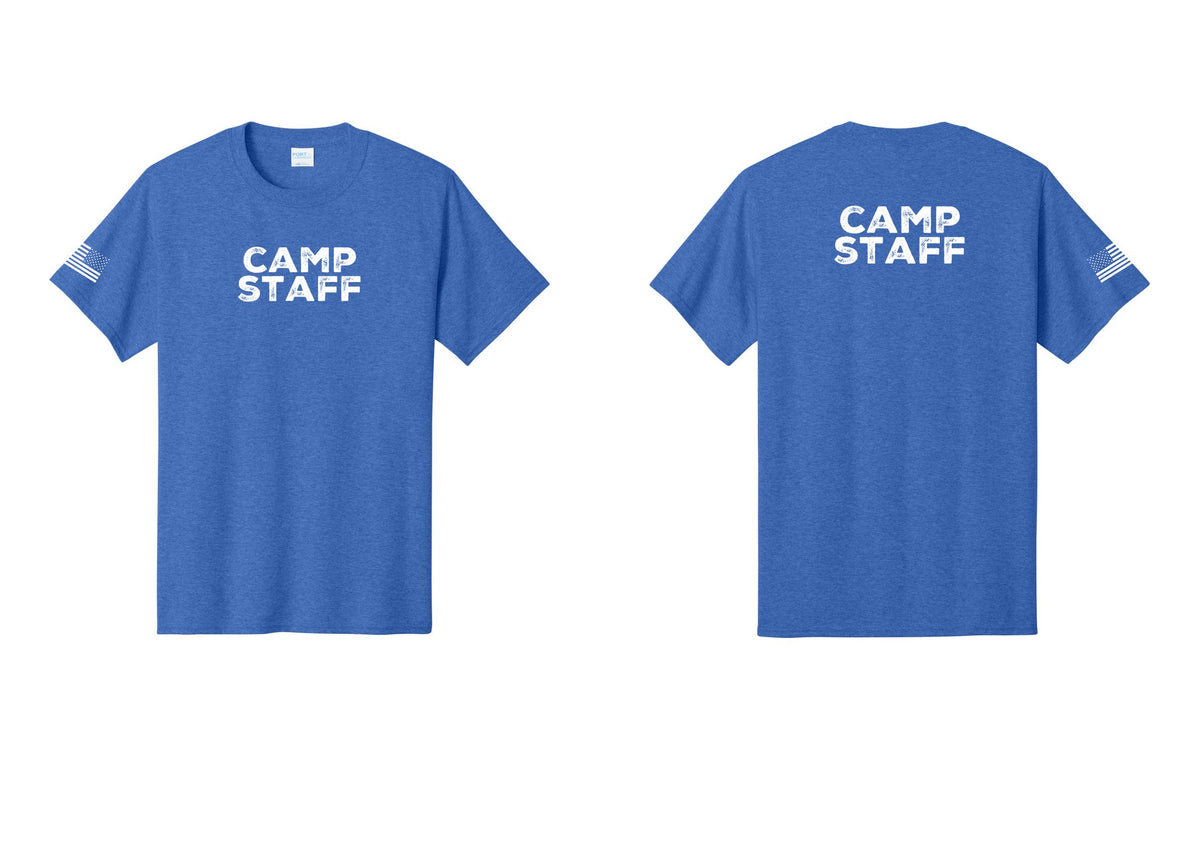 NYC Factory Unisex Camp Staff Charcoal T-Shirt - Front + Back + US Flag Sleeve - Heather Royal