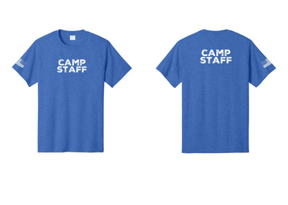 NYC Factory Unisex Camp Staff Charcoal T-Shirt - Front + Back + US Flag Sleeve - Heather Royal