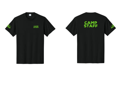 NYC Factory Camp Staff T-Shirt - Chest + Back + US Flag Sleeve - Black / Neon