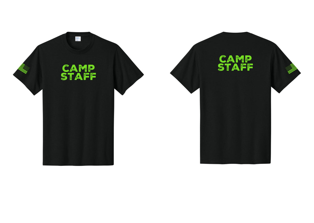 NYC Factory Camp Staff T-Shirt - Front + Back + US Flag Sleeve - Black / Neon