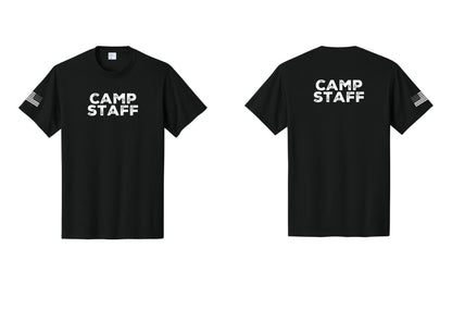 NYC Factory Camp Staff T-Shirt - Front + Back + US Flag Sleeve - Black