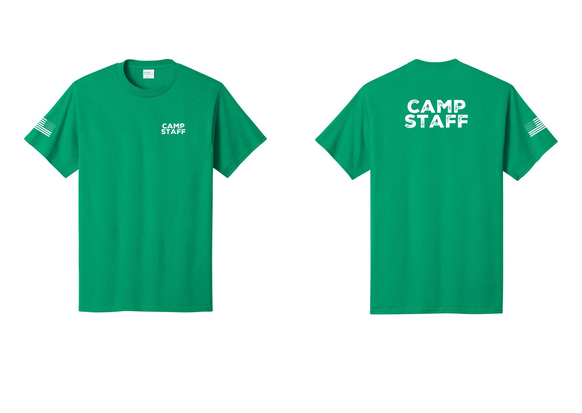 NYC Factory Unisex Camp Staff Charcoal T-Shirt - Chest + Back + US Flag Sleeve - Kelly