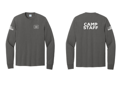 NYC Factory Custom Logo Camp Staff Cotton Long Sleeve T-Shirt (Rustic) - Your Logo + Back + US Flag Sleeve - Charcoal