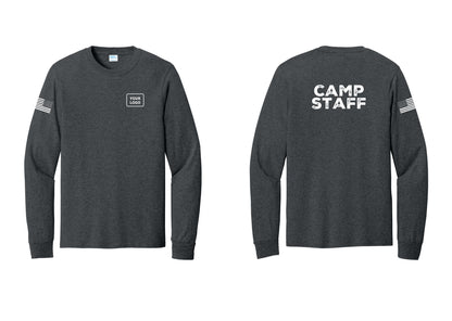NYC Factory Custom Logo Camp Staff Cotton Long Sleeve T-Shirt (Rustic) - Your Logo + Back + US Flag Sleeve - Dark Heather Grey