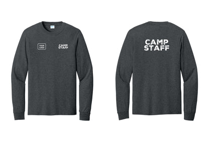 NYC Factory Custom Logo Camp Staff Cotton Long Sleeve T-Shirt (Rustic) - CAMP STAFF + Your Logo + Back - Dark Heather Grey