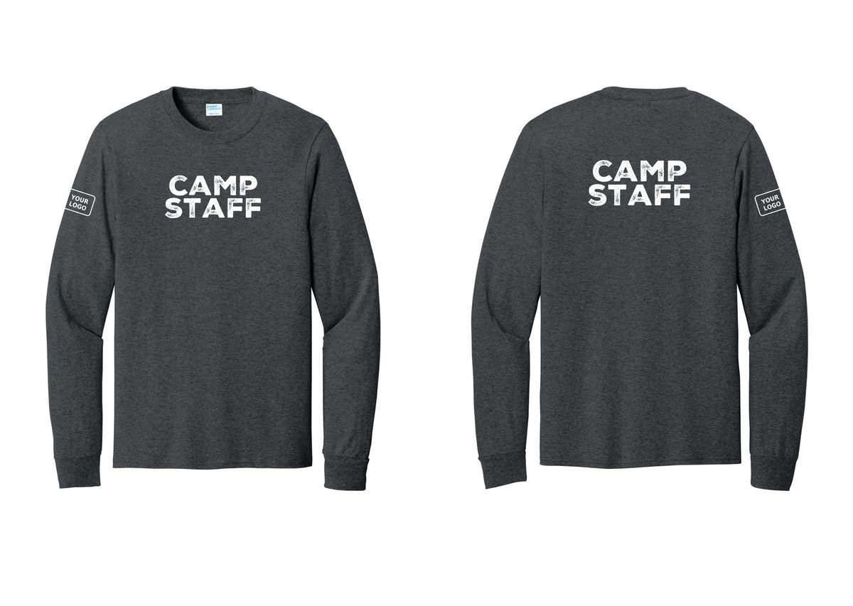 NYC Factory Custom Logo Camp Staff Cotton Long Sleeve T-Shirt (Rustic) - Front + Back + Your Logo Sleeve - Dark Heather Grey