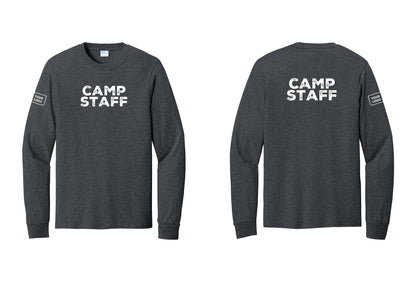NYC Factory Custom Logo Camp Staff Cotton Long Sleeve T-Shirt (Rustic) - Front + Back + Your Logo Sleeve - Dark Heather Grey