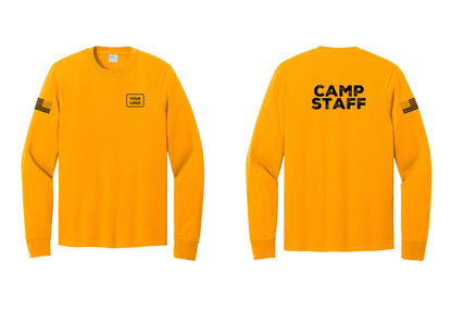 NYC Factory Custom Logo Camp Staff Cotton Long Sleeve T-Shirt (Rustic) - Your Logo + Back + US Flag Sleeve - Gold