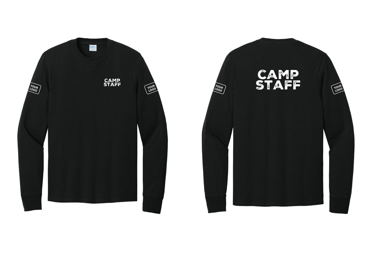 NYC Factory Custom Logo Camp Staff Cotton Long Sleeve T-Shirt (Rustic) - Chest + Back + Your Logo Sleeves - Black