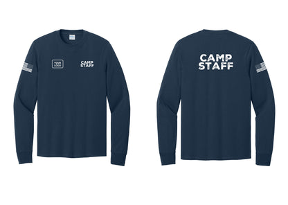 NYC Factory Custom Logo Camp Staff Cotton Long Sleeve T-Shirt (Rustic) - CAMP STAFF + Your Logo + Back + US Flag Sleeve - Navy