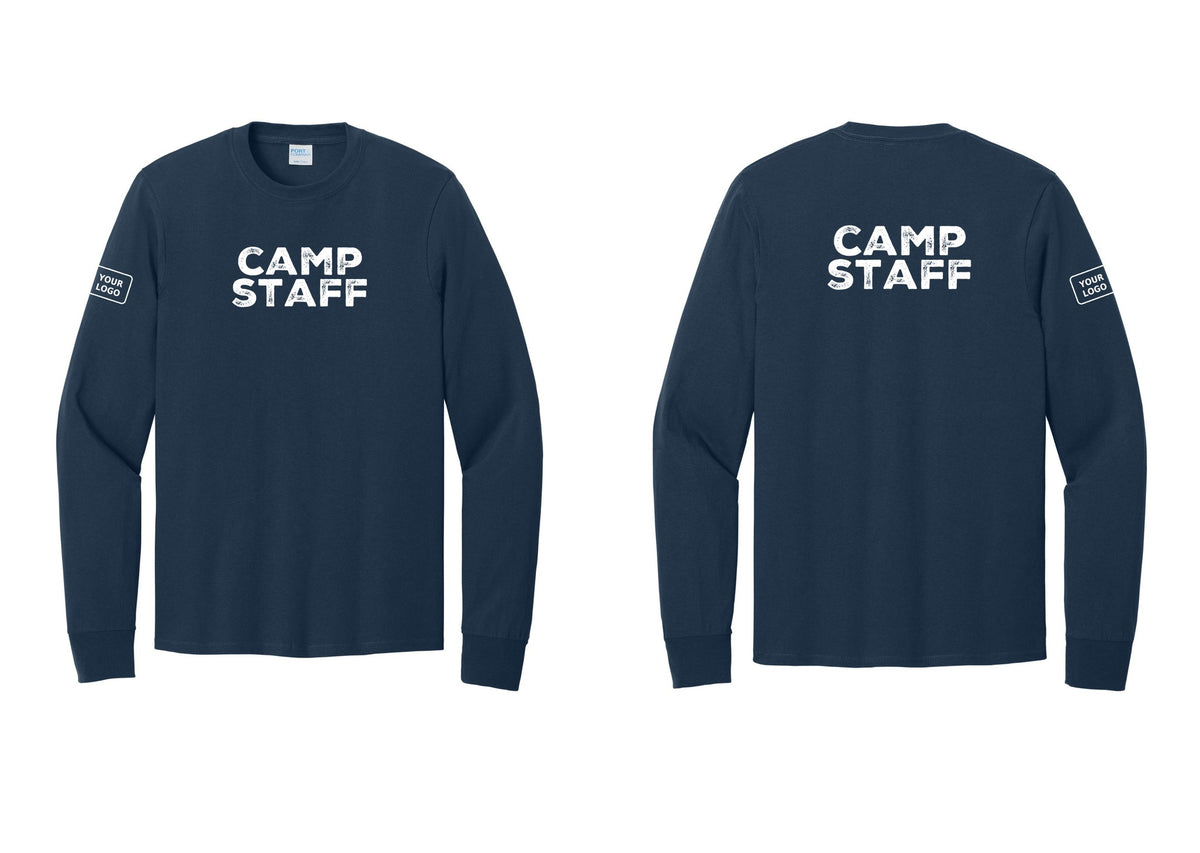 NYC Factory Custom Logo Camp Staff Cotton Long Sleeve T-Shirt (Rustic) - Front + Back + Your Logo Sleeve - Navy