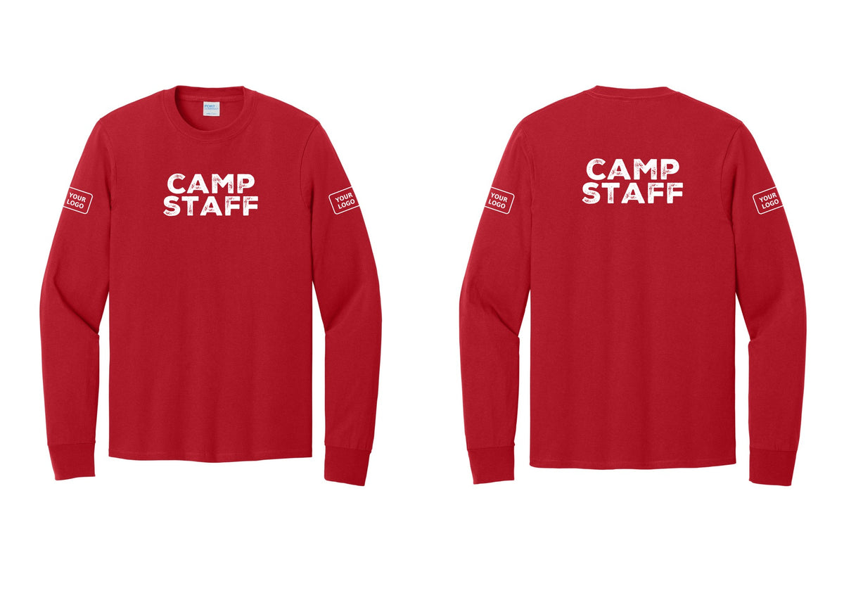 NYC Factory Custom Logo Camp Staff Cotton Long Sleeve T-Shirt (Rustic) - Front + Back + Your Logo Sleeves - Red