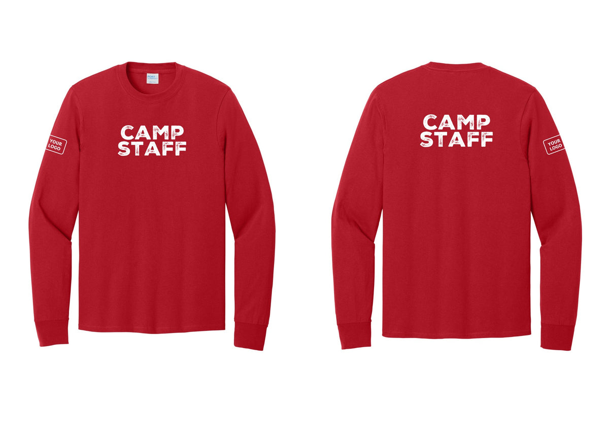 NYC Factory Custom Logo Camp Staff Cotton Long Sleeve T-Shirt (Rustic) - Front + Back + Your Logo Sleeve - Red