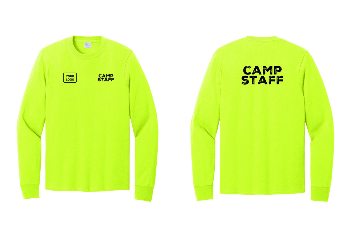 NYC Factory Custom Logo Camp Staff Cotton Long Sleeve T-Shirt (Rustic) - CAMP STAFF + Your Logo + Back - Safety Green