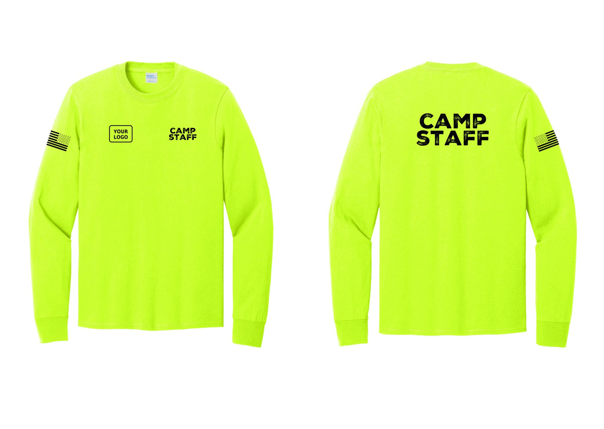 NYC Factory Custom Logo Camp Staff Cotton Long Sleeve T-Shirt (Rustic) - CAMP STAFF + Your Logo + Back + US Flag Sleeve - Safety Green