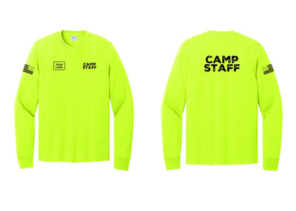 NYC Factory Custom Logo Camp Staff Cotton Long Sleeve T-Shirt (Rustic) - CAMP STAFF + Your Logo + Back + US Flag Sleeve - Safety Green