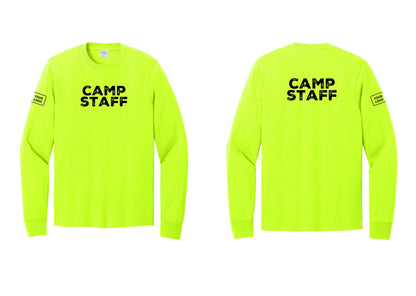 NYC Factory Custom Logo Camp Staff Cotton Long Sleeve T-Shirt (Rustic) - Front + Back + Your Logo Sleeve - Safety Green