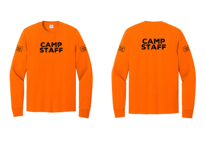 NYC Factory Custom Logo Camp Staff Cotton Long Sleeve T-Shirt (Rustic) - Front + Back + Your Logo Sleeves - Safety Orange