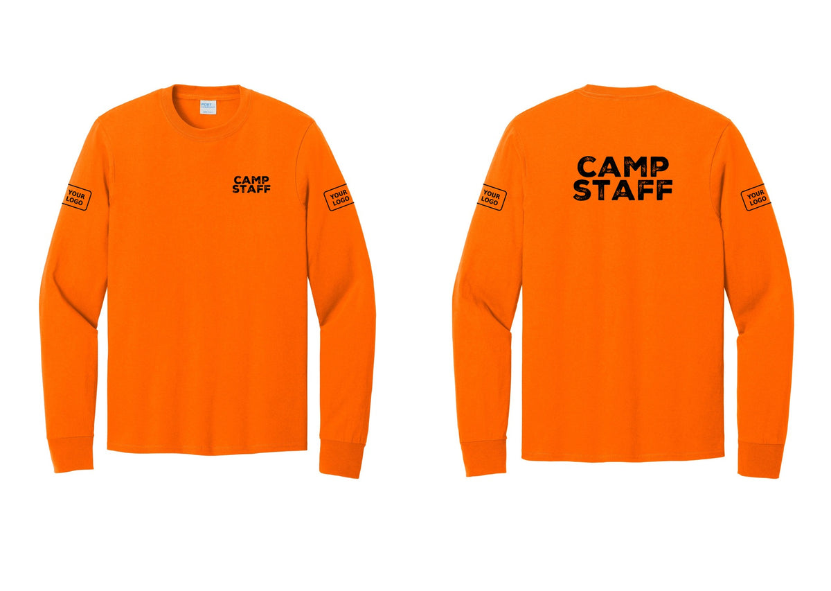 NYC Factory Custom Logo Camp Staff Cotton Long Sleeve T-Shirt (Rustic) - Chest + Back + Your Logo Sleeves - Safety Orange