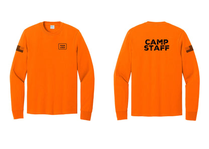 NYC Factory Custom Logo Camp Staff Cotton Long Sleeve T-Shirt (Rustic) - Your Logo + Back + US Flag Sleeve - Safety Orange