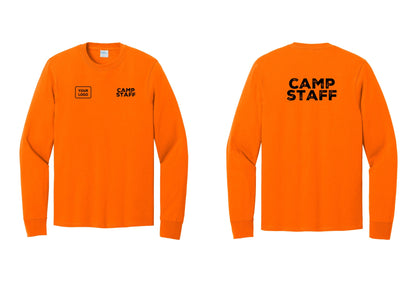 NYC Factory Custom Logo Camp Staff Cotton Long Sleeve T-Shirt (Rustic) - CAMP STAFF + Your Logo + Back - Safety Orange