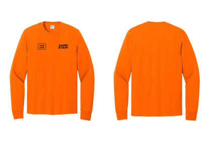 NYC Factory Custom Logo Camp Staff Cotton Long Sleeve T-Shirt (Rustic) - CAMP STAFF + Your Logo - Safety Orange