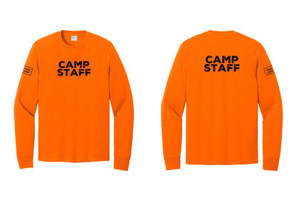 NYC Factory Custom Logo Camp Staff Cotton Long Sleeve T-Shirt (Rustic) - Front + Back + Your Logo Sleeve - Safety Orange