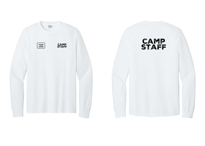 NYC Factory Custom Logo Camp Staff Cotton Long Sleeve T-Shirt (Rustic) - CAMP STAFF + Your Logo + Back - White