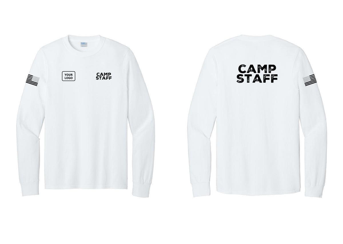 NYC Factory Custom Logo Camp Staff Cotton Long Sleeve T-Shirt (Rustic) - CAMP STAFF + Your Logo + Back + US Flag Sleeve - White