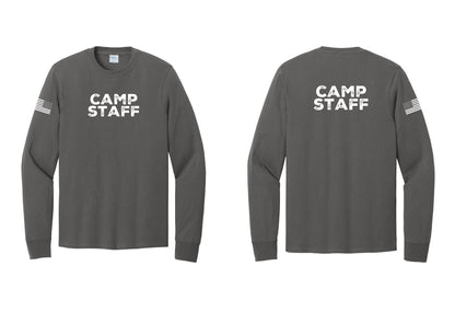 NYC Factory Camp Staff Cotton Long Sleeve T-Shirt (Rustic) - Front + Back + US Flag Sleeve - Charcoal