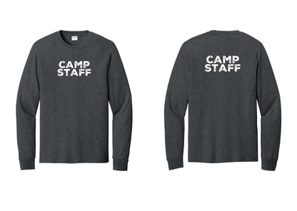 NYC Factory Camp Staff Cotton Long Sleeve T-Shirt (Rustic) - Front + Back - Dark Heather Grey