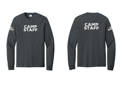 NYC Factory Camp Staff Cotton Long Sleeve T-Shirt (Rustic) - Front + Back + US Flag Sleeve - Dark Heather Grey