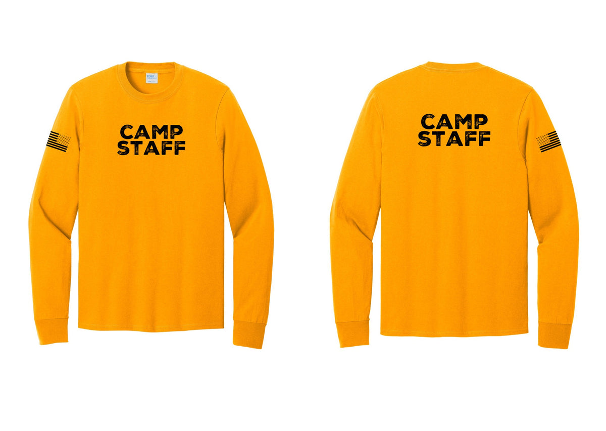 NYC Factory Camp Staff Cotton Long Sleeve T-Shirt (Rustic) - Front + Back + US Flag Sleeve - Gold