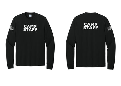 NYC Factory Camp Staff Cotton Long Sleeve T-Shirt (Rustic) - Front + Back + US Flag Sleeve - Black