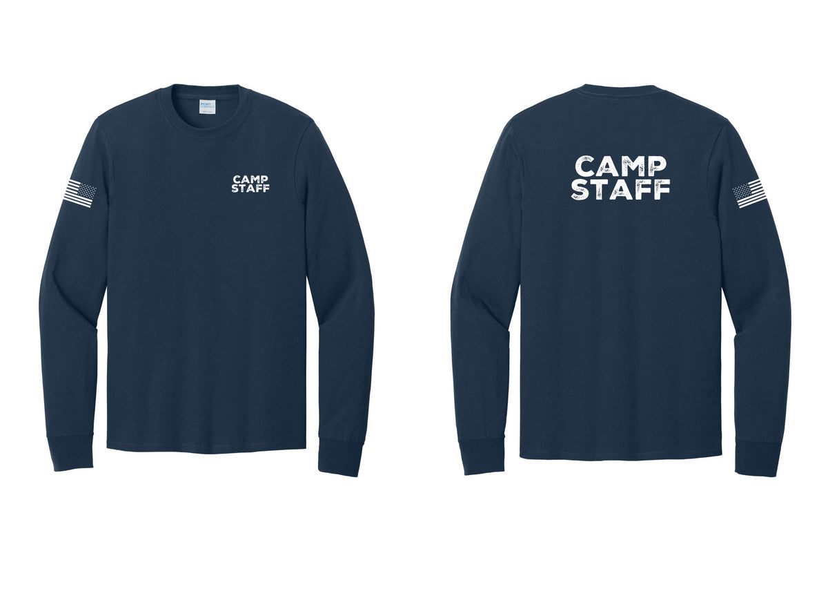 NYC Factory Camp Staff Cotton Long Sleeve T-Shirt (Rustic) - Chest + Back + US Flag Sleeve - Navy